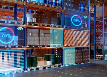 High-tech warehouse. Fullfilment innovations. Virtual screens near warehouse shelves. Rack with pallets inside hangar. High-tech distribution center. Warehouse accounting technologies. 3d image