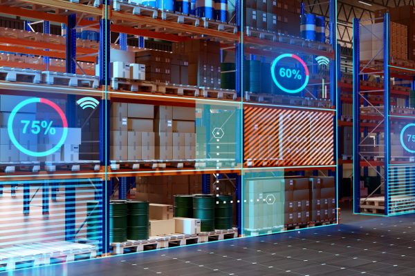 High-tech warehouse. Fullfilment innovations. Virtual screens near warehouse shelves. Rack with pallets inside hangar. High-tech distribution center. Warehouse accounting technologies. 3d image