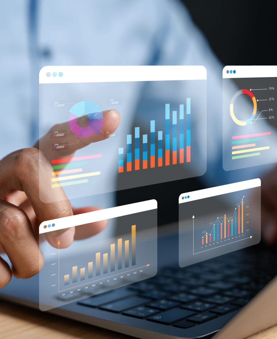 Data analyzing and stock market visualization with digital charts, financial dashboards, and performance metrics. Ideal for investment analysis, trading strategy, and economic forecasting.