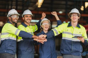 Professional industry engineer and factory foreman worker team person Wearing safety helmet hard hat, Technician people teamwork in work site of business construction and manufacturing technology job